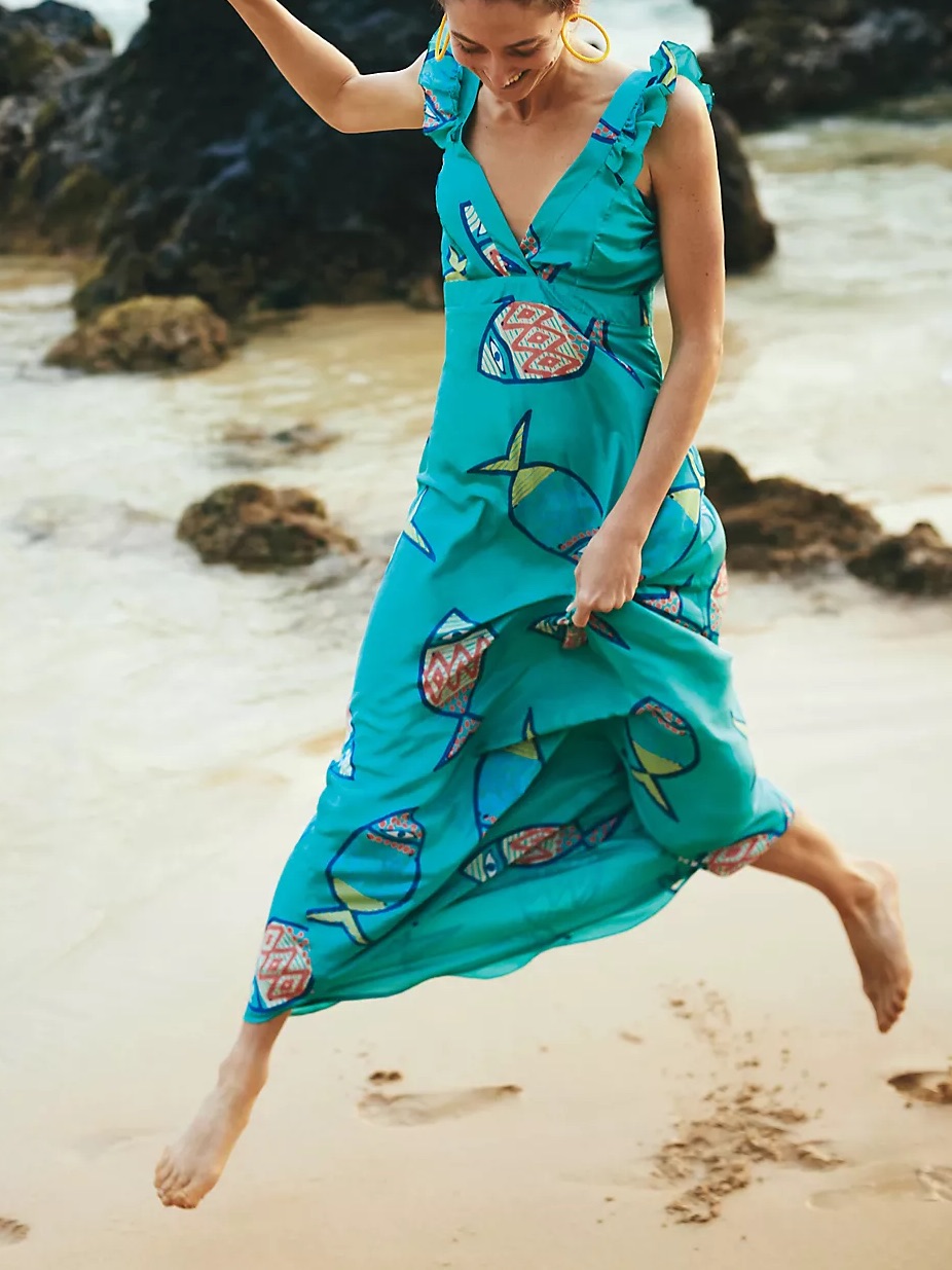 New With Tags! Anthropologie Silk Maxi Dress With Fun Fish Print